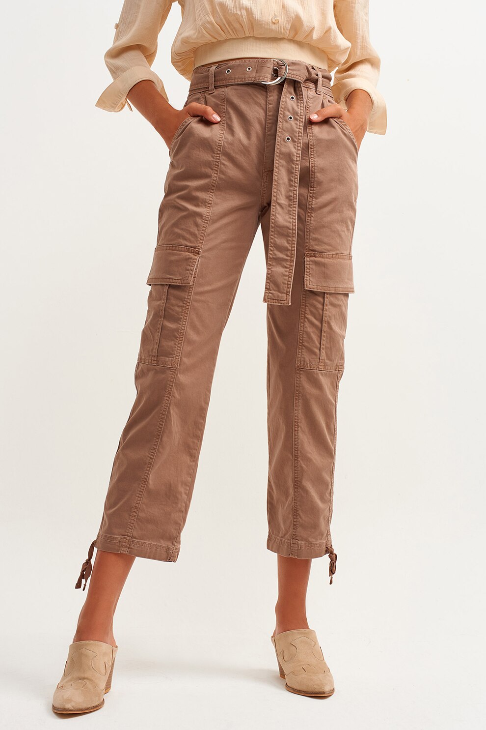 OXXO, Pantaloni crop cargo cu o curea, Maro, S