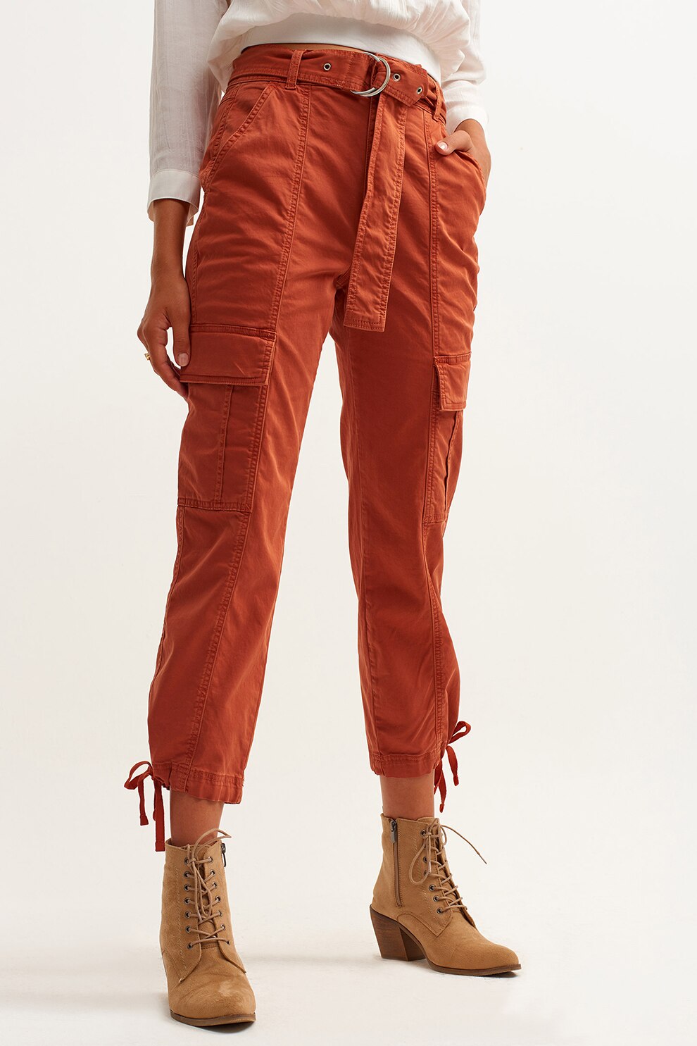 OXXO, Pantaloni crop cargo cu o curea, Portocaliu stins, M