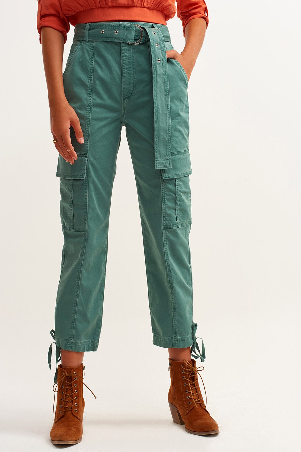 OXXO, Pantaloni crop cargo cu o curea, Verde marin, S