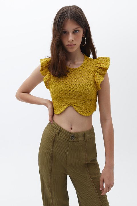 OXXO, Bluza crop din tricot cu maneci fluture, Verde masliniu
