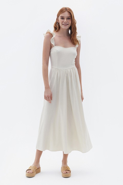 OXXO, Rochie midi evazata cu bretele cu volane, Alb murdar, XL