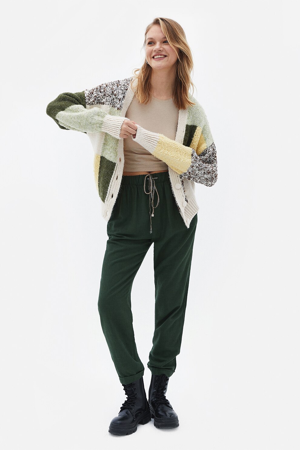 OXXO, Pantaloni jogger crop, Verde marin, 34