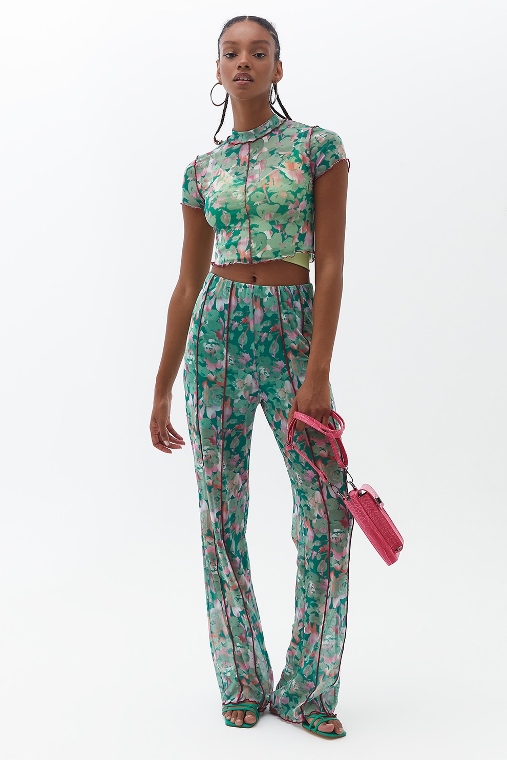 OXXO, Pantaloni din plasa cu talie inalta, Visiniu, Roz pastel, Verde marin, M