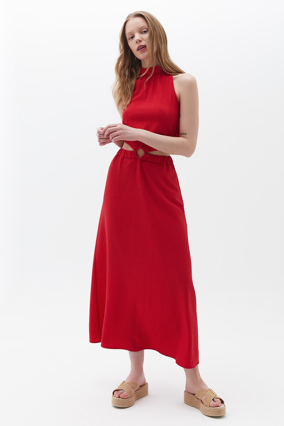 OXXO, Rochie texturata cu decupaje laterale, Rosu, L