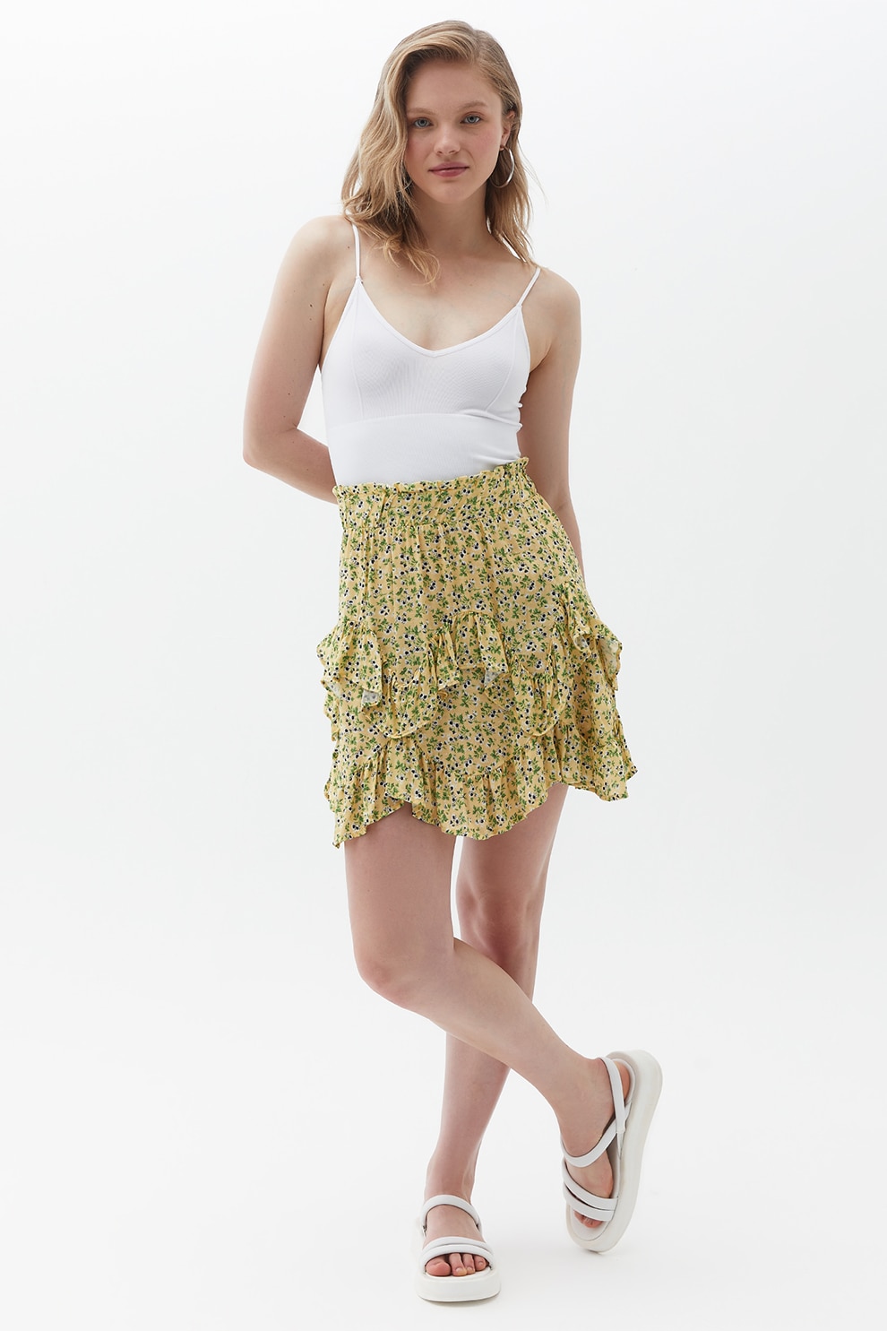OXXO, Fusta mini cu imprimeu, Albastru inchis, Verde feriga, Verde fistic, XS