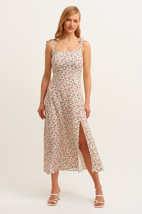 OXXO, Rochie cu imprimeu si slituri laterale, Coral/Alb murdar/Verde fistic