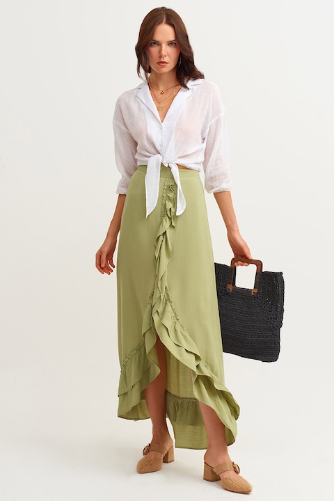 OXXO, Fusta lunga cu volane si slit frontal, Verde fistic