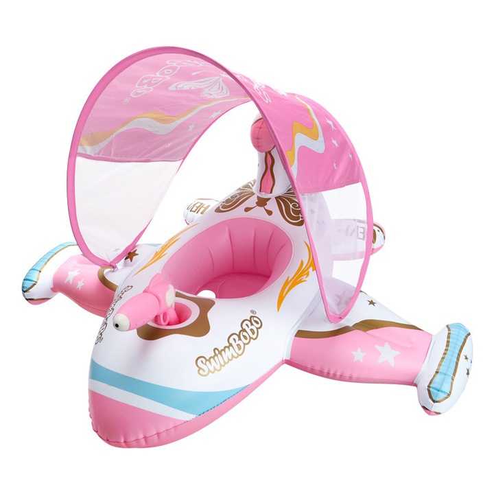 Плувен кръг със сенник и воден пистолет за бебета и деца, XGETOP®, форма на самолет, подходящ за деца на 3 и повече години, 10-20 кг