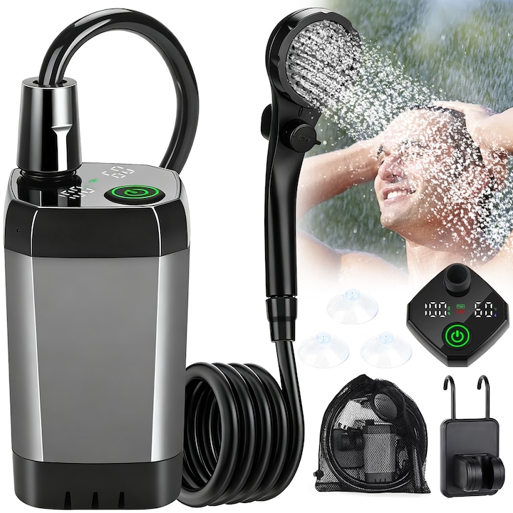 Dus Portabil pentru Camping, BYONDSELF®, 120min de functionare, 6-8 litri/min, Ecran LED, 3 Moduri Pulverizare, IPX7 Waterproof, pentru Calatorii si Camping, Negru