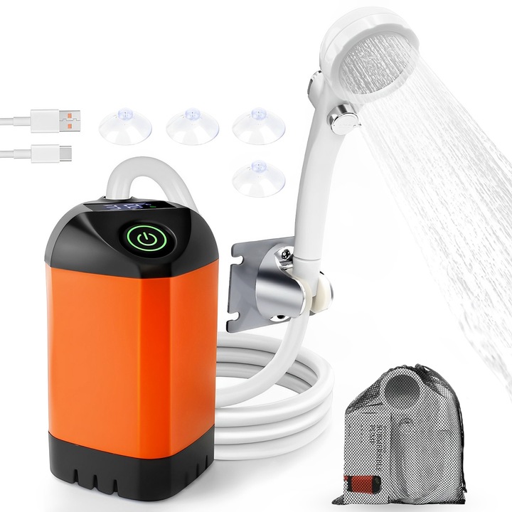 Преносим къмпинг душ, BYONDSELF®, 7800mah, LED екран, акумулаторен, с чанта за съхранение, за пътуване и къмпинг, оранжев цвят