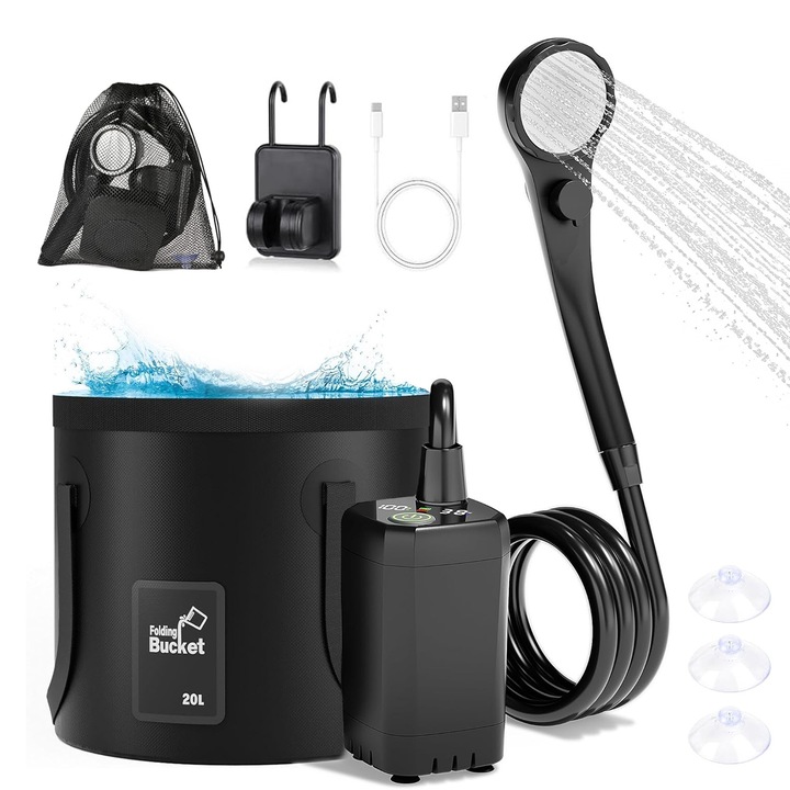 Душ за къмпинг, BYONDSELF®, преносим, 6000mah, с чанта за съхранение, LED екран, водоустойчив, преносим, за туризъм