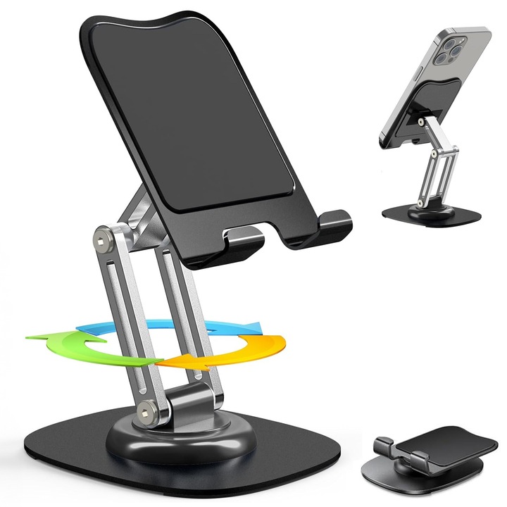 Поставка за телефон и таблет, BYONDSELF®, въртене на 360⁰, регулируема, сгъваема, алуминиева, черна