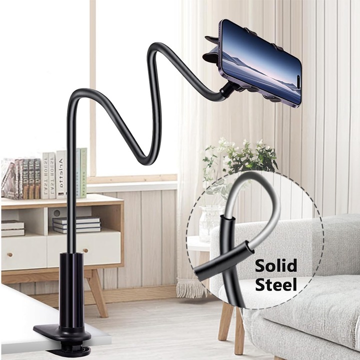 BYONDSELF rugalmas telefontartó karral és fém szorítóval, állítható, 130CM, telefonhoz, fekete