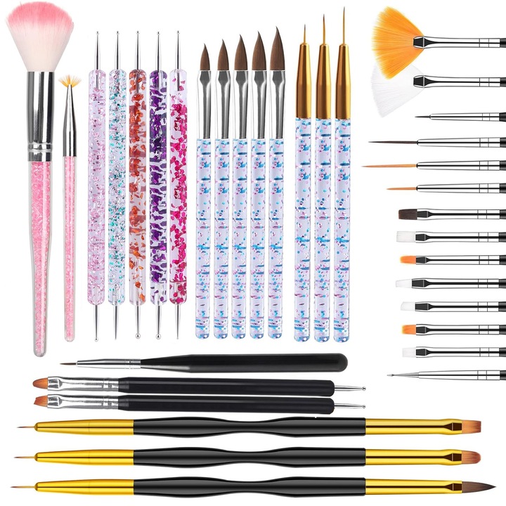 Set 35 pensule pictura unghii, BYONDSELF®, Set 30 pensule si 5 punctatoare pentru manichiura, Profesionale, Multicolor