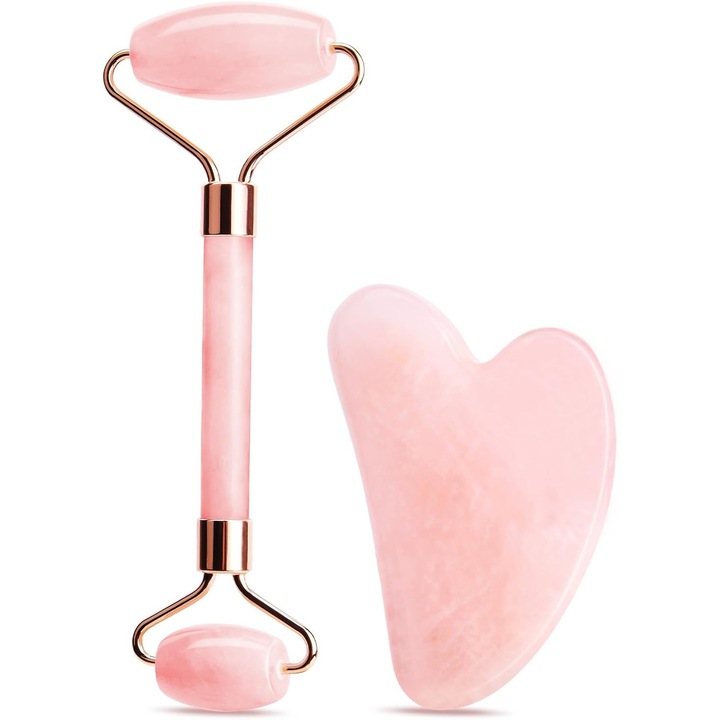 Комплект ролер Гуа Ша и Нефрит за грижа за лице, 1 ролка и 1 камък Гуа Ша, за намаляване на подпухналостта и подобряване на бръчките, розов