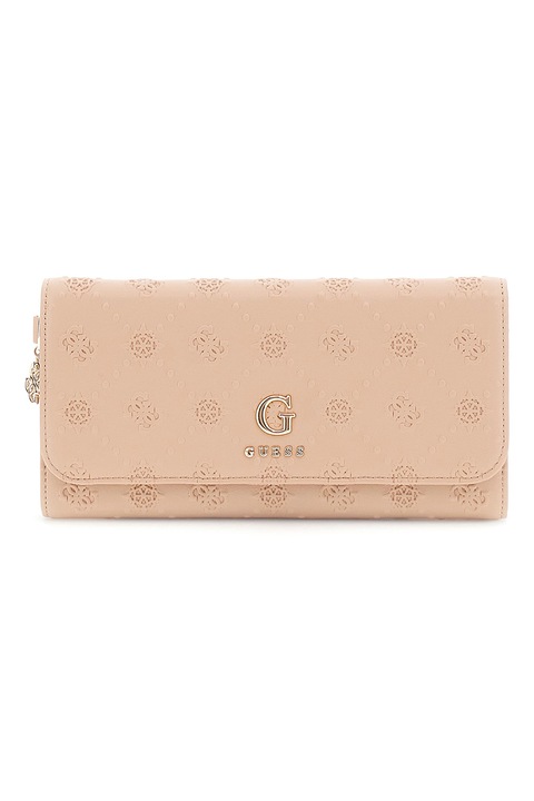 GUESS, Portofel din piele ecologica cu model monograma si clapa, Bej