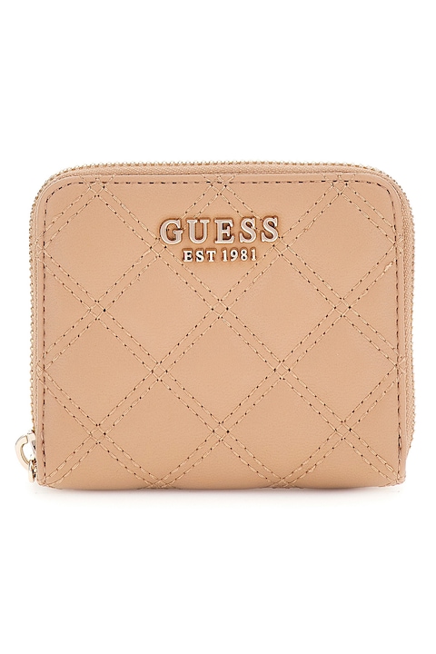 GUESS, Portofel matlasat din piele ecologica cu logo metalic, Bej