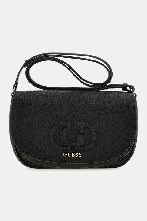 GUESS, Keresztpántos műbőr táska fémlogóval, Fekete