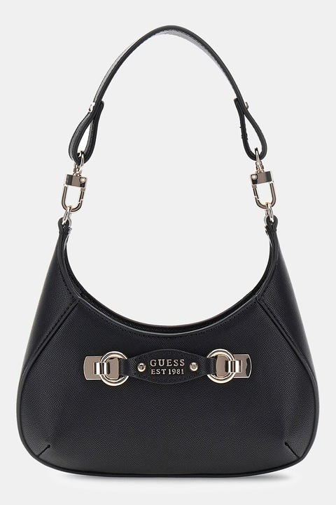 GUESS, Чанта за рамо от еко кожа и метално лого, Черен