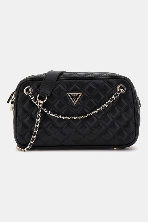 GUESS, Чанта от еко кожа с метално лого, Черен