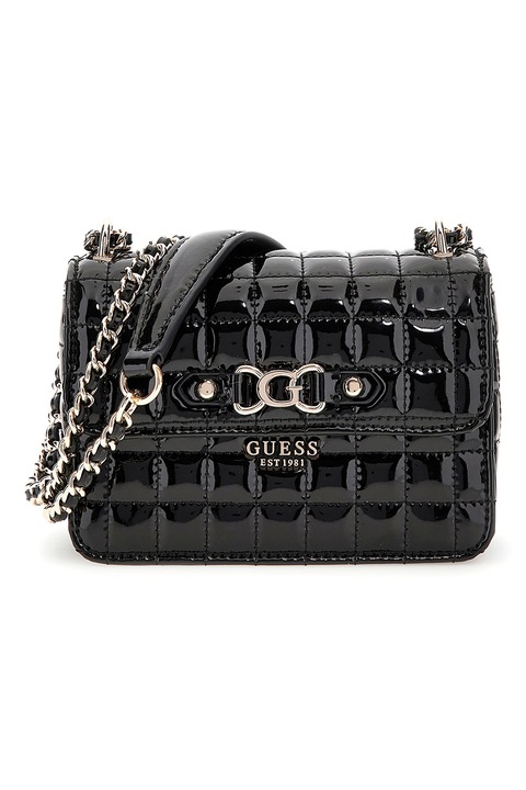 GUESS, Geanta crossbody cu aspect lacuit, Negru