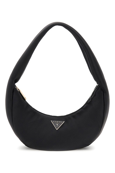 GUESS, Geanta din material textil cu bareta de umar si logo metalic, Negru