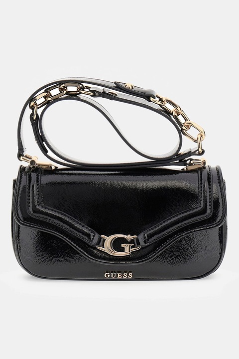 GUESS, Geanta crossbody cu aspect lacuit, Negru