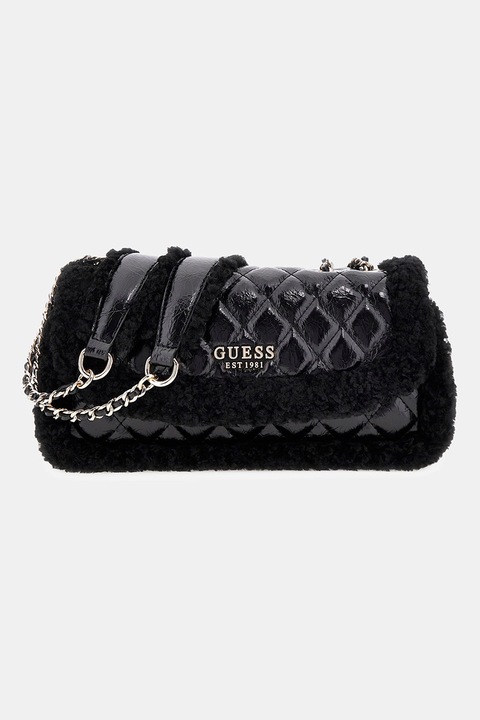 GUESS, Keresztpántos steppelt táska műszőrme részletekkel, Fekete