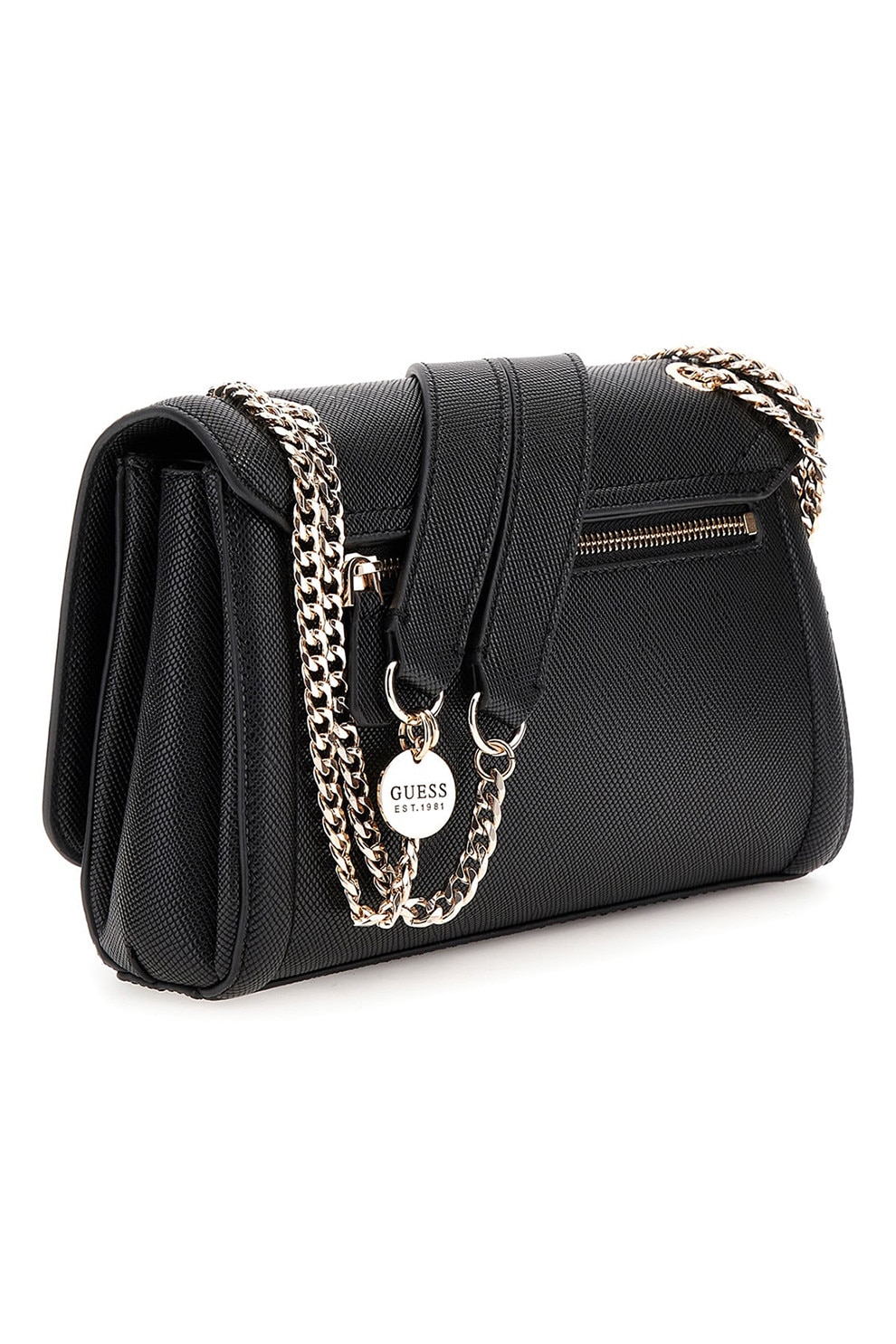 GUESS, Geanta crossbody din piele ecologica cu bareta din lant, Negru ...