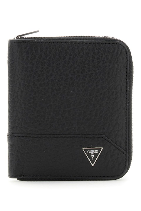 GUESS, Кожен портфейл с метално лого, Черен