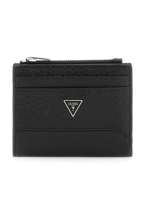 GUESS, Кожен портфейл с метално лого, Черен