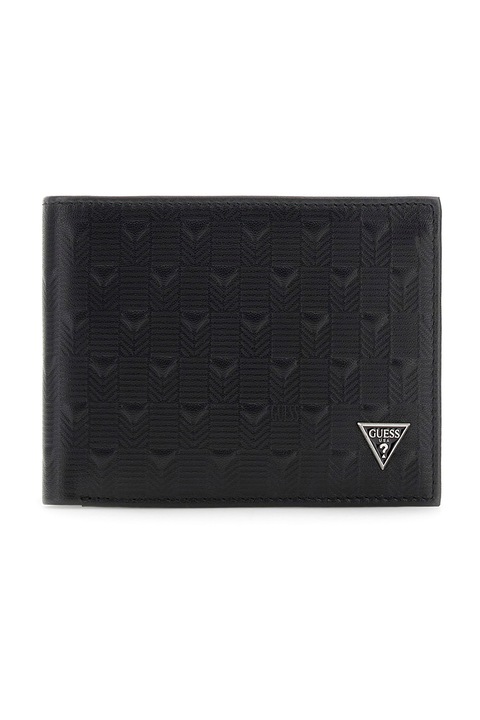 GUESS, Кожен портфейл с метално лого, Черен