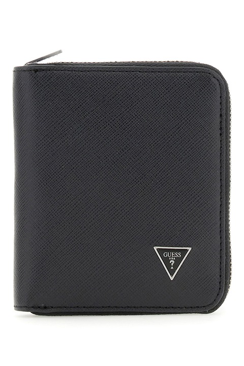 GUESS, Кожен портфейл с цип и метално лого, Черен