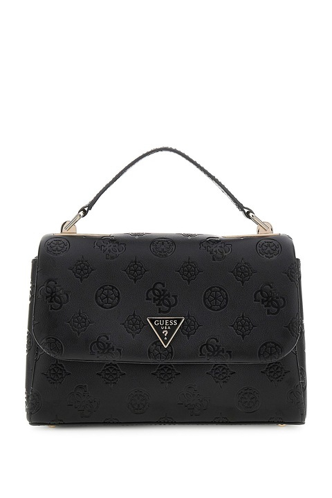 GUESS, Чанта през рамо с капаче и монограм, Черен