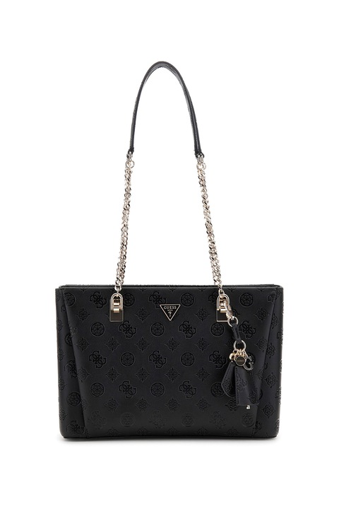 GUESS, Geanta din piele ecologica cu bareta de umar din lant, Negru