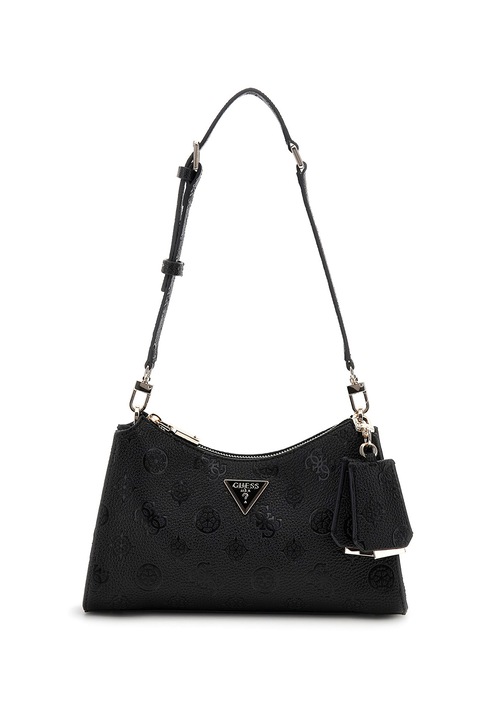 GUESS, Ръчна чанта от еко кожа с метално лого, Черен