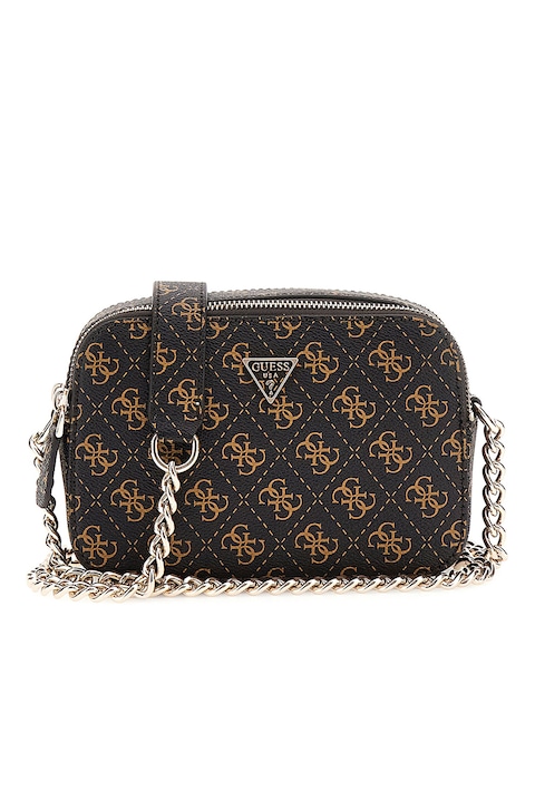 GUESS, Geanta crossbody cu model monograma, Negru, Caramel