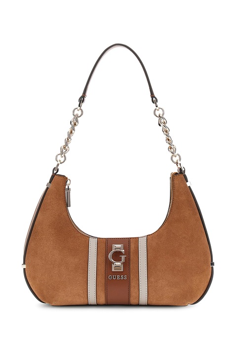 GUESS, Nyersbőr táska logós részlettel, Karamellbarna
