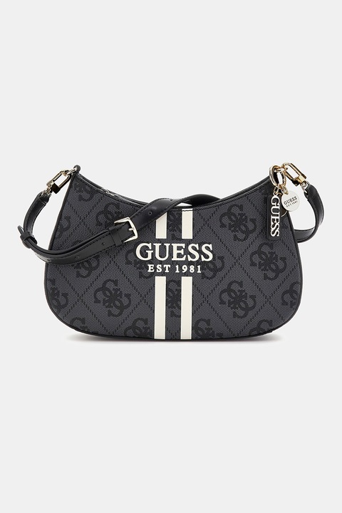 GUESS, Mintás válltáska, Csontszín, Koptatott fekete, Sötétszürke