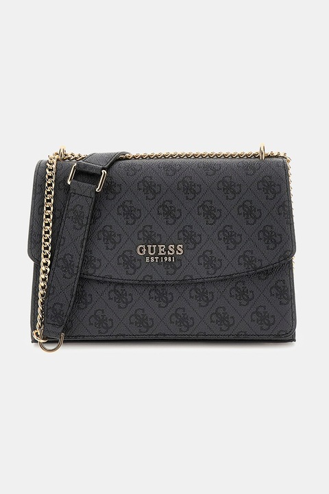 GUESS, Чанта с капаче и монограм, Tъмносив