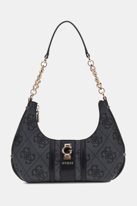 GUESS, Geanta cu monograma si bareta de umar, Gri inchis