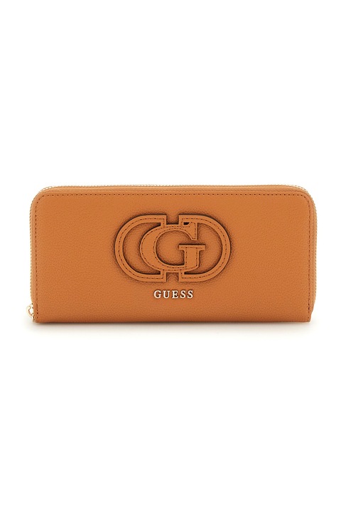 GUESS, Портмоне от еко кожа с цип и бродирано лого, Мандарина