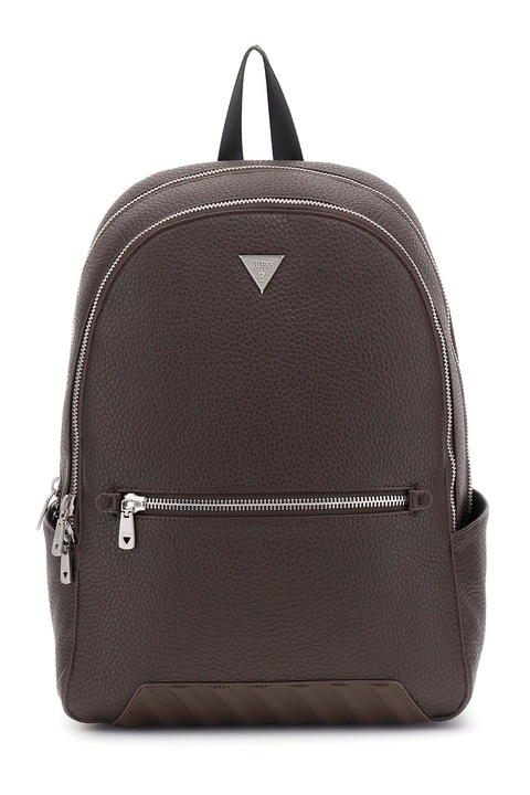 GUESS, Rucsac de piele ecologica cu logo metalic, Maro inchis
