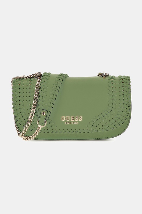 GUESS, Geanta crossbody din piele ecologica cu bareta din lant, Verde deschis