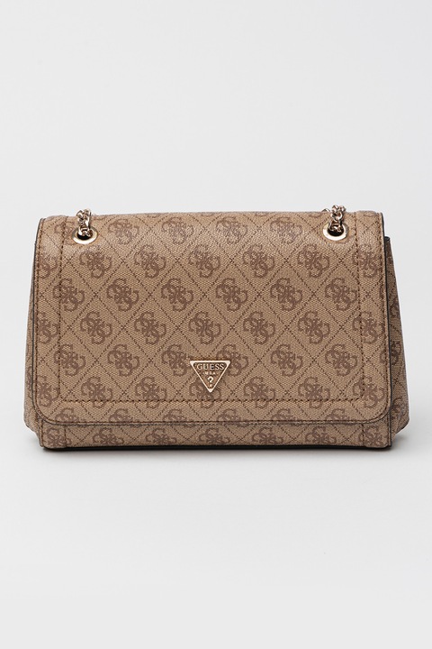 GUESS Noelle keresztpántos műbőr táska logómintával, Sötétbarna, Bézs