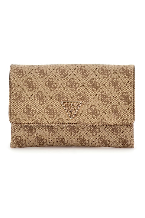 GUESS, Клъч от еко кожа с монограм, Сиво-кафяв