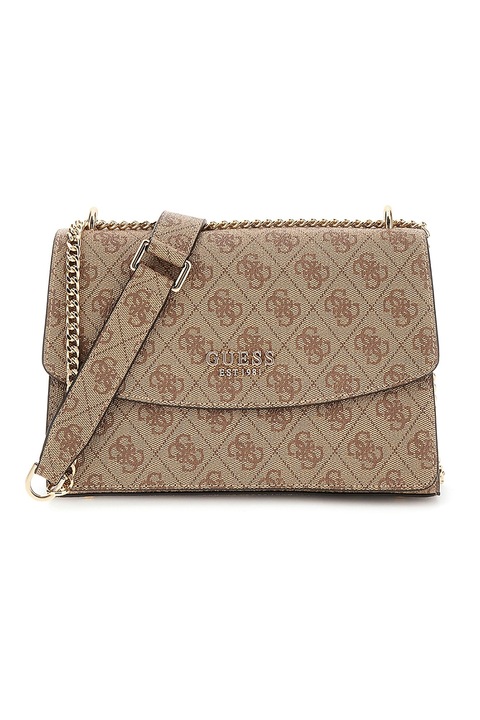 GUESS, Чанта с капаче и монограм, Camel