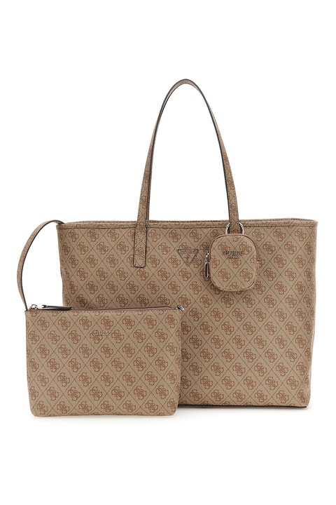GUESS, Geanta shopper cu model monograma si etuiuri detasabile, Maro deschis