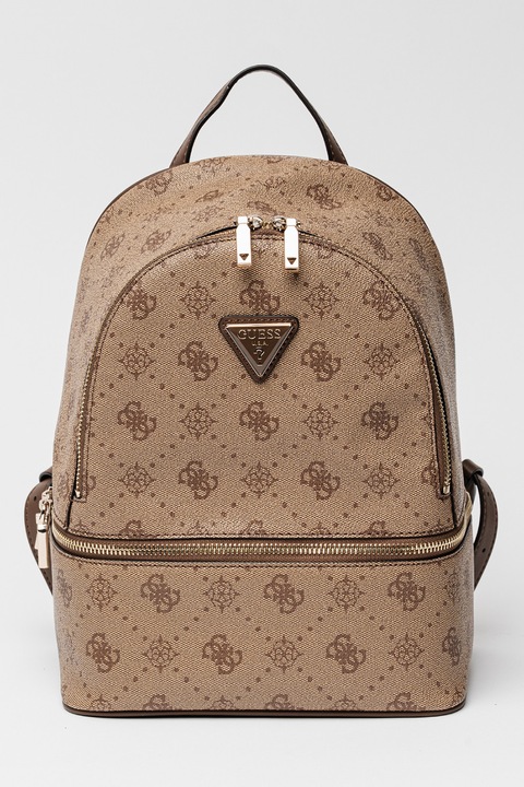 GUESS, Раница от еко кожа с цип и монограм, Тъмнокафяв, Бежов