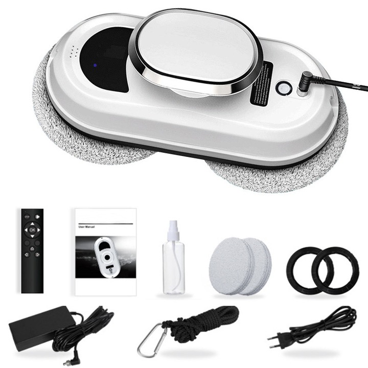 Autonóm ablaktisztító robot 90 W, 5600 Pa, Fudisenn, Dupla tárcsás törlő, Távirányítással működtethető, foltmentesítő rendszerrel és intelligens vezérléssel, 5 réteg finom szálas szövet, 29 × 14 × 12 cm